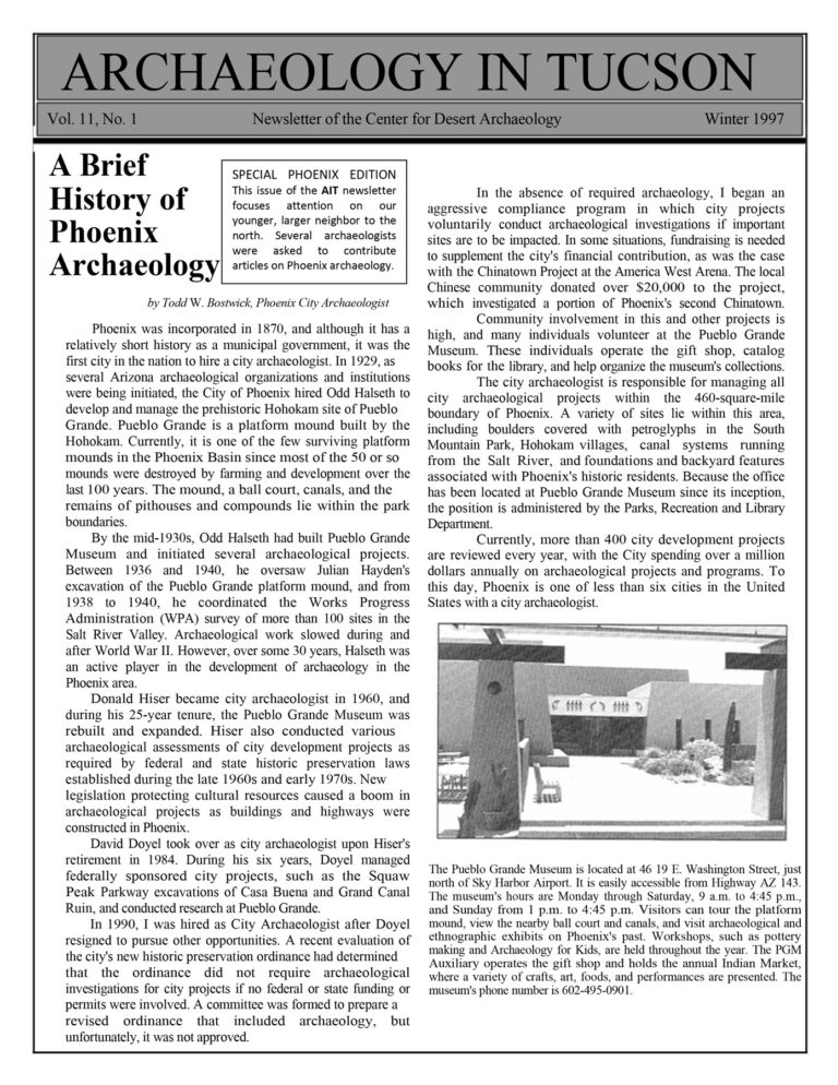 Archaeology in Tucson, Volume 111 (Winter 1997), A Brief History of