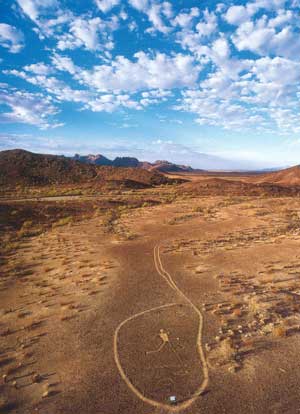 Human geoglyph formed by scraping the darkened gravel of the desert pavement to reveal light soils. The site is fenced to protect it, and the footpath walked by visitors has created a modern geoglyph, a reminder of the extreme fragility of this remarkable site. It is one of many along the lower Colorado River in similar settings.