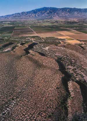 The Safford Valley displays a striking juxtaposition of the past and the present, as modern and ancient agricultural fields are situated adjacent to each other in the shadow of Mt. Graham and the Pinaleno Mountains. Image copyright Adriel Heisey.