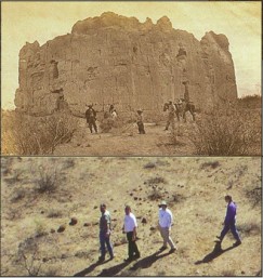 Contrasts in architecture: The Casa Grande, a four-story adobe structure in use from 1350 to 1450, was part of a large settlement with many adobe compounds (courtesy Library of Congress). In the late 1600s, the Sobaipuri Indians, who spoke the O'odham (Piman) language, lived in small oval structures that left faint traces in the archaeological record. The rocks were used to anchor the bent-pole frames of these houses.