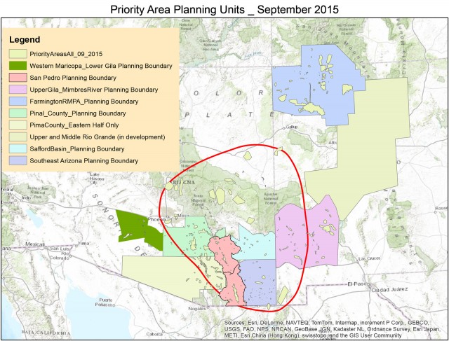 Map showing where Priority Area Planning has been completed, as of September 2015. Click <a href="/pdf/saa_cultural_resources_priority_area_planning.pdf" target="_blank" rel="noopener">here</a> to view the map as a PDF. To obtain Priority Area shapefiles, general attribute data, and priority areas identified, please contact Andy Laurenzi by <a href="mailto:andy@archaeologysouthwest.org">email.</a>
