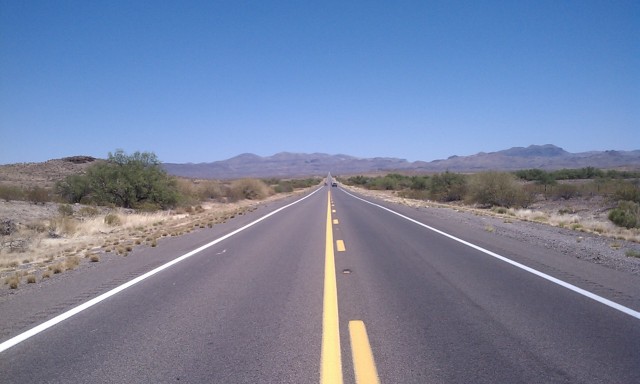 The long, lonely road from Safford, Arizona, to Mule Creek, New Mexico