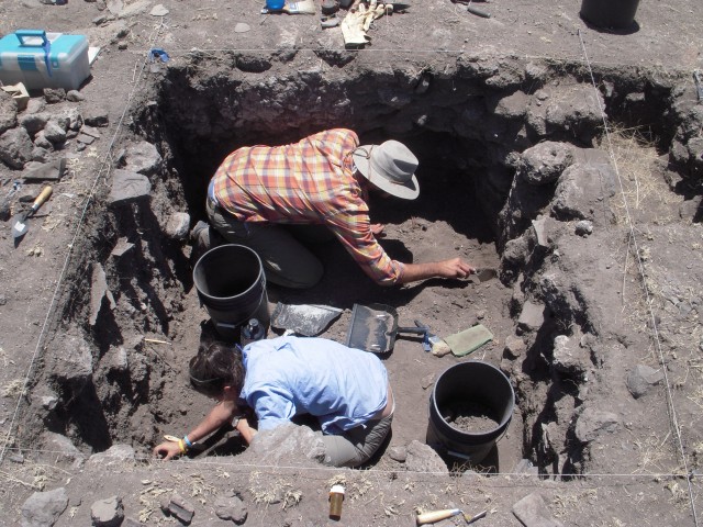 Down in a Hole Jake (Hendrix College) and Zoe (University of Vermont) excavate in a burned room at Fornholt.