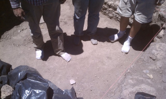 Plastered floor Only socks allowed on the well-plastered floor excavated by Will (University of Texas at San Antonio) and Chris (Arizona State University), with the help of Dr. SuS Eckert (Texas A&M).