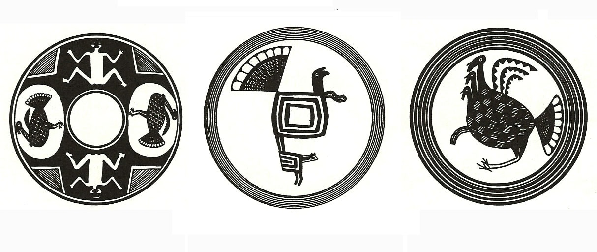 These are designs incorporating turkeys from black-on-white bowls made during the Classic Mimbres phase in southwestern New Mexico, as drawn in essays by Jesse Walter Fewkes, published by the Smithsonian in 1923 and 1924.