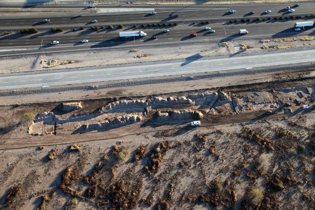 Aerial view of the Rillito Fan canal along Interstate 10 just south of Sunset Road near Tucson, Arizona. Canal aerial courtesy of Northland Research, photographer Henry D. Wallace. Fieldwork sponsored by Pima County.