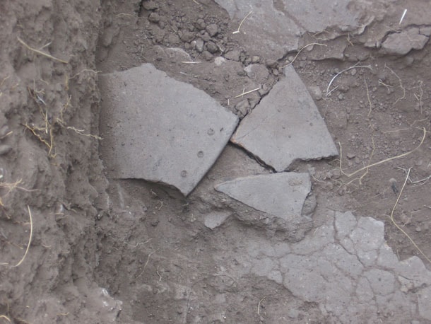 Portion of a broken perforated plate found on a plastered room floor at the 3-Up site.