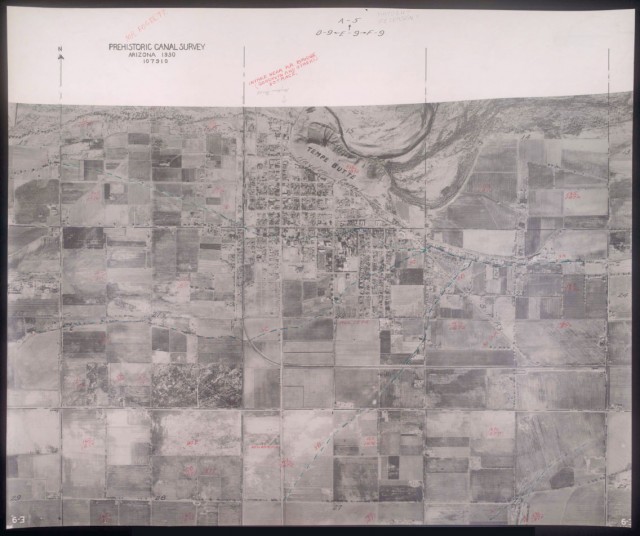 A mosaic aerial photograph of prehistoric and historic canals in the Phoenix region.