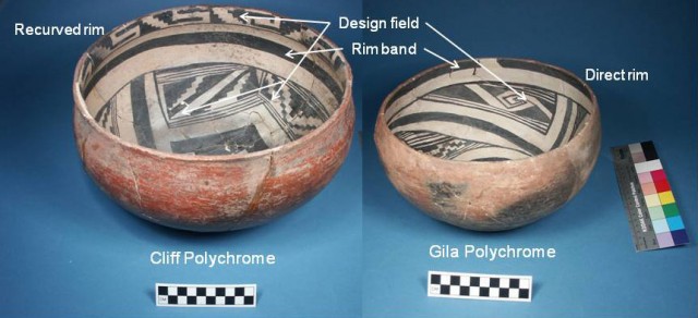 Cliff Polychrome and Gila Polychrome bowls from the Mills collection at Eastern Arizona College.