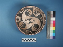Photo 2: Cliff Polychrome bowl (from Mills collection at Eastern Arizona College) with mirror image of parrots in center of bowl and wings or plumed serpent around this image.