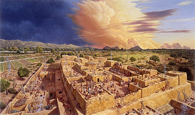 Pueblo Grande, a Hohokam settlement, ca. A.D. 1200. Courtesy of City of Phoenix, Pueblo Grande Museum. Art by Michael Hampshire.