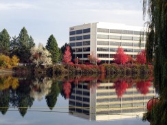 Another view from the convention center, where the peaceful waters above the dam reflect the fall colors. Click to enlarge.