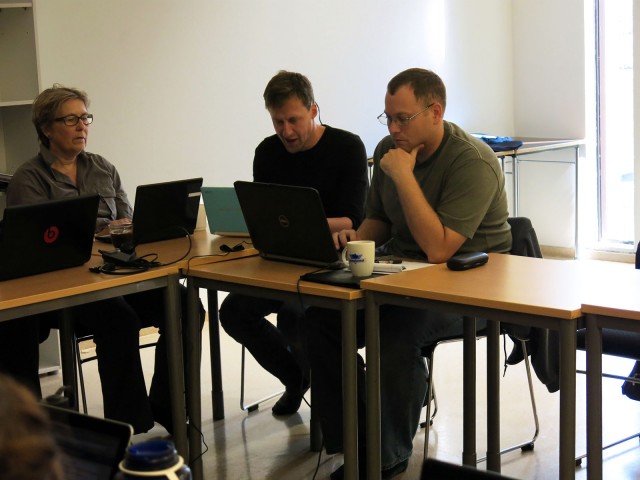 Working together. Matt Peeples (right) working with Greenland specialists Jette Arneborg and Christian Koch Madsen from Denmark (photo by Brenda Shears).