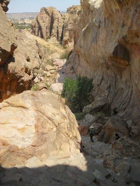 Descending the ancient staircase.