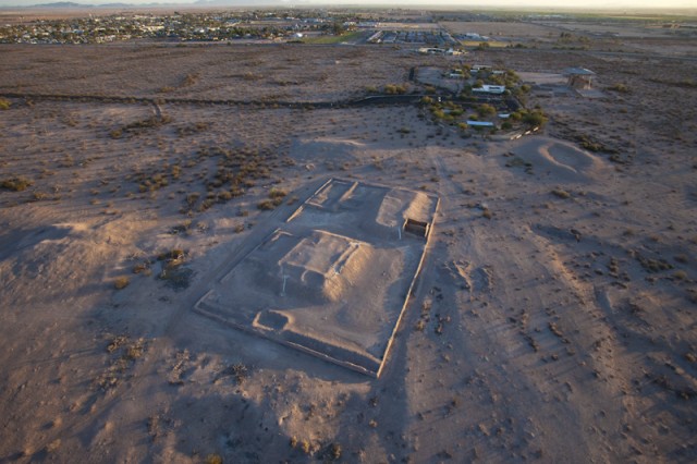 Aerial view of Compound B and its two platform mounds at Casa Grande Ruins National Monument. Photo by Henry D. Wallace. Click to expand.