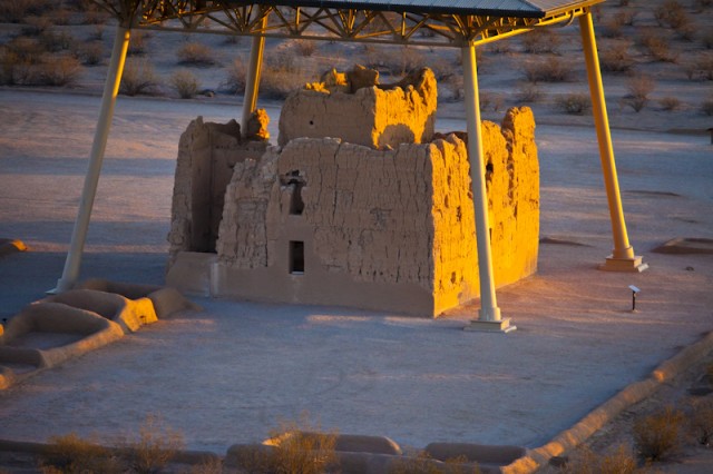 Aerial close up of the north side of the Great House at Casa Grande Ruins. Photo by Henry D. Wallace. Click to expand.