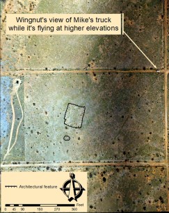 A photograph from Wingnut at a higher elevation, with the archaeological feature outlined in black. Click to enlarge.