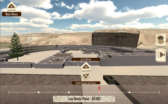 A draft scene from <em>Chaco’s Legacy</em> with a virtual model of Pueblo Bonito during the Late Bonito period. The canyon walls and cliff faces look completely unrealistic. Click to enlarge.