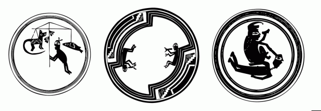 Figures with eye masks on Mimbres Black-on-white bowls. Like the Cliff Valley cache figures, these particular images (and especially the beheading on the right) may represent supernatural beings or, at the very least, people involved in supernaturally charged activity. The bowl on the left is from Swarts Ruin and is held at the Peabody Museum, Harvard. The bowls at center and right were illustrated in Fewkes’ monographs on Mimbres archaeology and ceramic designs. Click to enlarge.