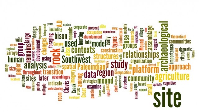 Word clouds <a href="http://www.wordle.net">(www.wordle.net)</a> are a great way to get a sense of the “texture” of writing for different contexts. This cloud shows archaeologists writing for other archaeologists, “seeing the trees,” as the saying goes. And that’s OK! (I made this word cloud using abstracts of articles from a recent issue of a professional journal.)