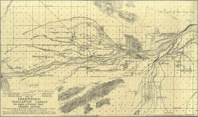 In 1929, Dr. Omar Turney published a map of Hohokam canals in the Phoenix Basin. From Arizona State University.