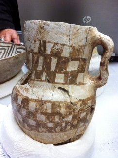 Pitcher from the Mesa Verde region with a “sloppy” design that may have been painted by an apprentice potter. Click to enlarge.