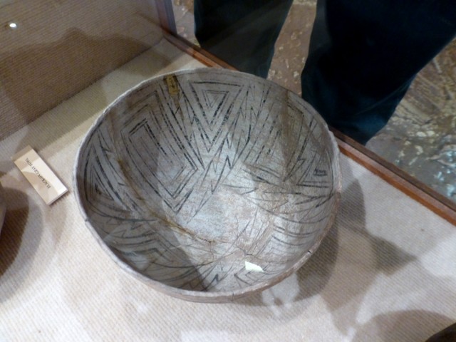 A quite interesting Virgin Branch Pueblo black-on-gray bowl showing a design outlined but with areas that would typically be solid in similar designs never filled in. Collections of the Lost City Museum. Photo by Matt Peeples. Click to enlarge.