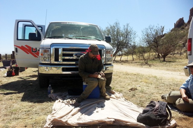 Allen Denoyer demonstrates flintknapping. Photo by Lewis Borck.