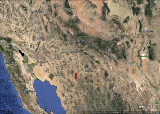 The Coyote Mountains are outlined in red. Map courtesy of Google. Click to enlarge.