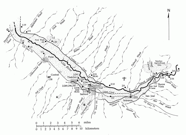 <strong>Figure 2:</strong> Map of a portion of the Safford Basin centering on the City of Safford. This map shows the canals proposed to have prehistoric counterparts. The numerals (e.g., 2:290) represent the grid square and site number in the Arizona State Museum (ASM) site survey (AZSITE) system. The state and quadrangle designations (i.e., AZ and CC) have not been included due to lack of space. Note that sites 2:31 and 2:64 are from the Bureau of Land Management (BLM) survey files. The stippling paralleling the Gila River approximates the extent of the floodplain and lower terraces available for irrigated cultivation. Click to enlarge.