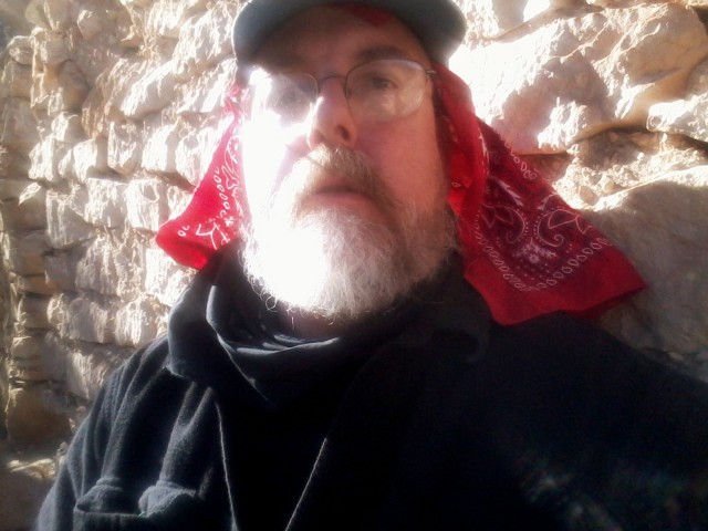 A break enabled me to snap this selfie, with the intricately built Pueblo wall behind me.