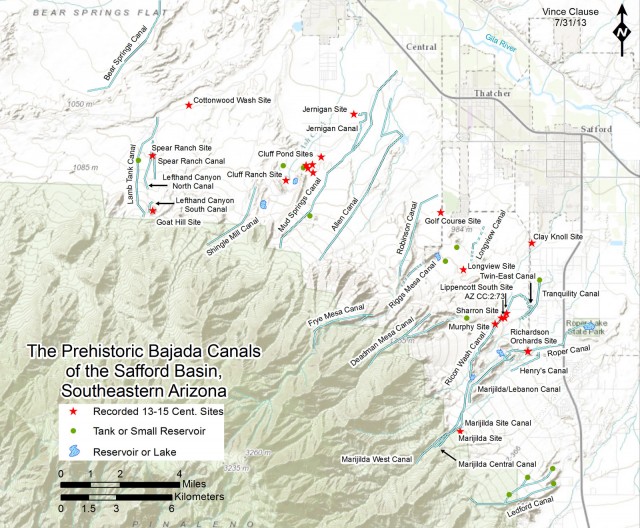 <strong>Figure 5:</strong> Topographic map showing results of the Bajada Canals survey project. Click to enlarge.