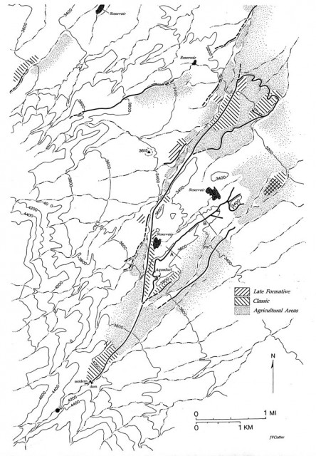 <strong>Figure 4:</strong> Topographic map of the Marijilda, Rincon, Graveyard Wash Survey area on Arizona State Lands. The dark solid and dashed lines indicate the prehistoric canals and probable canals recorded. The hatched areas represent site clusterings by initial estimated period of occupation. This map will be superseded by one showing the specific locations of the archaeological sites recorded. Click to enlarge.