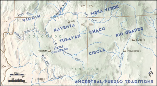 Ancestral Pueblo Traditions, showing the Virgin Pueblo region. Map by Catherine Gilman.