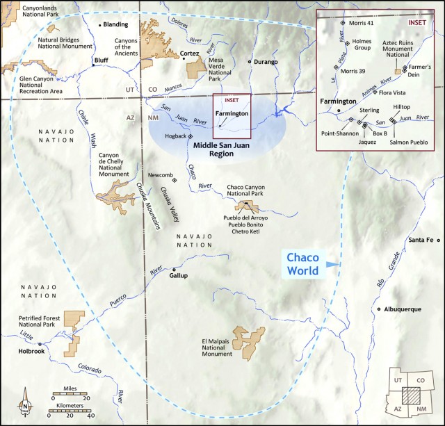 Chaco Canyon, Aztec Ruins, and Salmon Ruin. Map by Catherine Gilman.