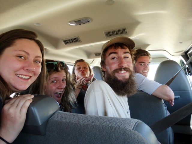 Car ride (left to right): Alex, Izzy, Erin, Max, and Andrew drive to the Mattocks site. Photo by Selena Soto.