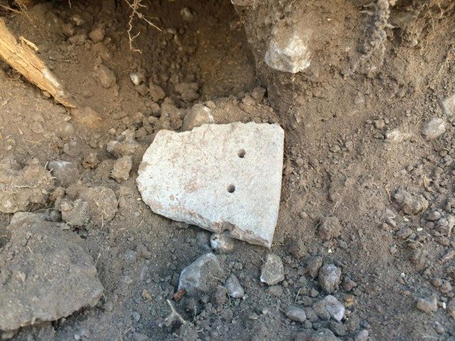 A perforated plate sherd in our excavation unit. Photo by Will Russell.