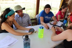 Hannah, Andrew, Selena, Alex and Izzy identify attributes of flaked stone during our first lithics lecture on the field house porch. Click to enlarge.