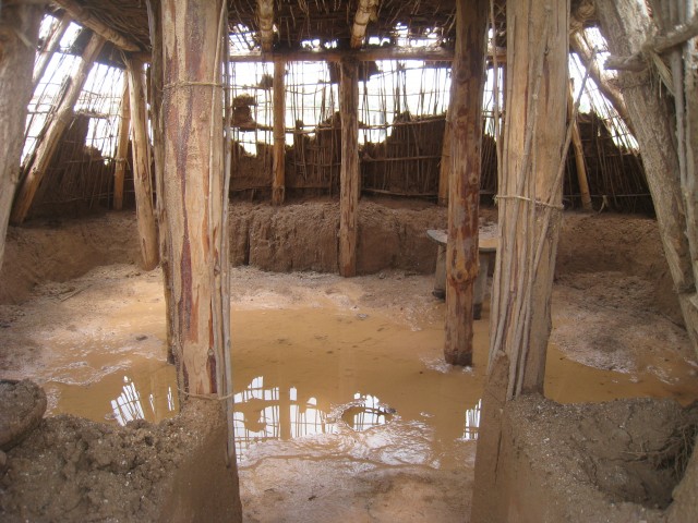 In this photo looking down the entryway, you can see standing water inside the house and thick layer of mud washed in from the walls.