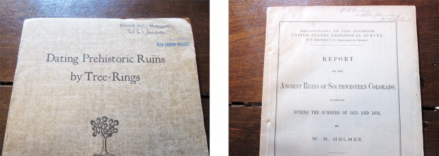 A couple of staff favorite books. The tree-ring dating volume has belonged to Emil Haury, E.B. (Ned) Danson, and David Lindsay; the book on southwestern Colorado is inscribed “F.H. Cushing with compliments of W.H. Holmes.”