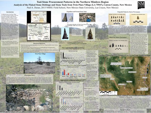“Tool-Stone Procurement Patterns in the Northern Mimbres Region: Analysis of Flaked Stone Debitage and Stone Tools from Twin Pines Village (LA 75947), Catron County, New Mexico,” by Paul A. Duran. <a href="/pdf/Duran-SAA-2017.pdf">Click to download as a PDF.</a>