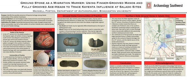 “Ground Stone as a Migration Marker: Using Finger-Grooved Manos and Fully Grooved Axe-Heads to Trace Kayenta Influence at Salado Sites,” by Maxwell Forton. <a href="/pdf/Forton-ground-stone.pdf">Click to download this poster as a PDF.</a>