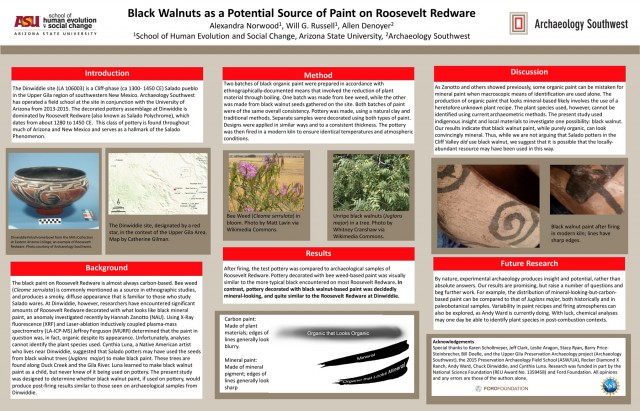 “Black Walnuts as a Potential Source of Paint on Roosevelt Redware,” by Alexandra Norwood, Will G. Russell, and Allen Denoyer. <a href="/pdf/Norwood-WalnutPoster.pdf">Click to download this poster as a PDF.</a>
