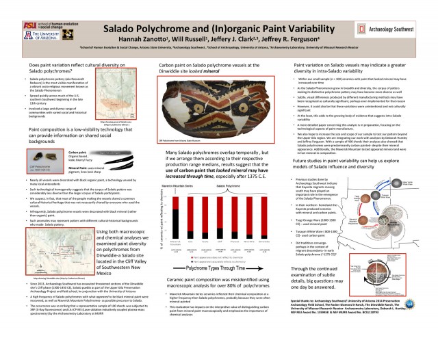 “Salado Polychrome and (In)organic Paint Variability,” by Hannah Zanotto, Will Russell, Jeffery J. Clark, and Jeffrey R. Ferguson. <a href="/pdf/Zanotto-Salado-paint.pdf">Click to download this poster as a PDF.</a>
