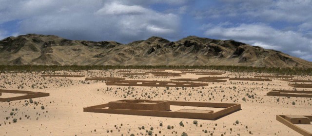 A digital reconstruction of the Marana Mound Community circa A.D. 1250. Reconstruction based upon decades of research by Paul and Suzanne Fish and the Arizona State Museum.