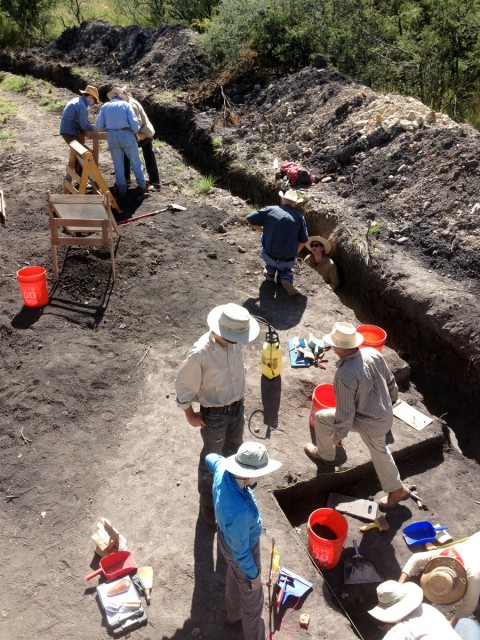 Upper left: screening excavated dirt to recover small artifacts, animal bones, and seeds. Center right: Geomorphologist Fred Nials (cowboy hat) consults on stratigraphy. Lower right: excavation proceeds. Photo by Allen Denoyer.