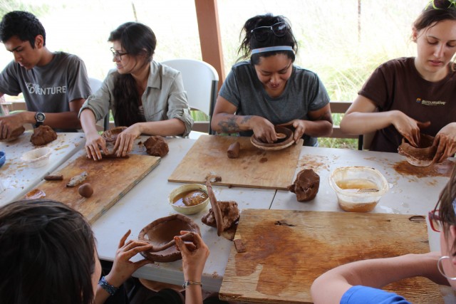 Dushyant, Victoria, Marcy, Alex F., Anna, and Alisha making clay pots.