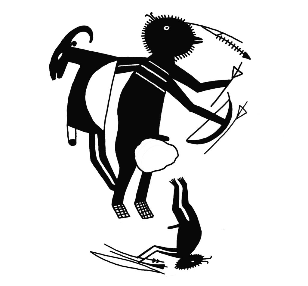 Mimbres bowl showing masked hunters carrying a bighorn sheep carcass. Illustration: Will Russell