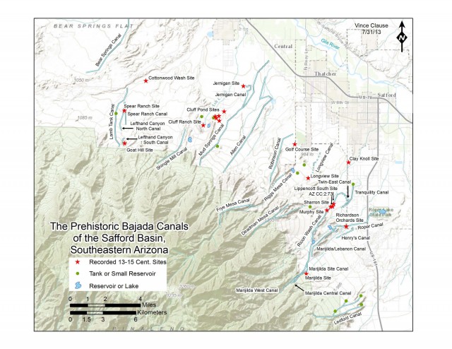 Figure 1. Locations of the bajada-sourced canals recorded to date. Click on the map to enlarge.