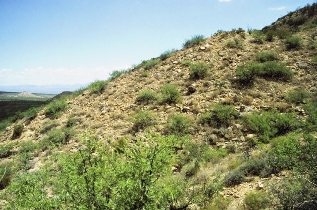 Figure 2. Hanging canal (middleground) flowing from right to left along the west side of the long, narrow mesa landform near the mouth of Marijilda Canyon. At this point, the canal is about 50 meters (164 feet) above the basin floor. The canal coursing upslope illusion is discernible. Click on the image to enlarge.